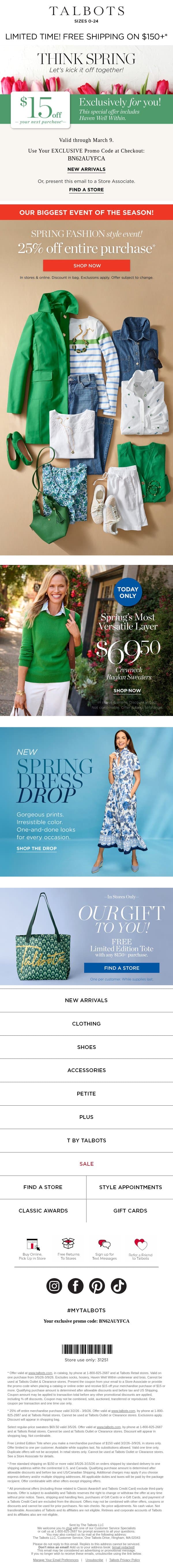 TODAY ONLY! $69.50 select Sweaters—Spring’s Most Versatile Layer email from Talbots screenshot