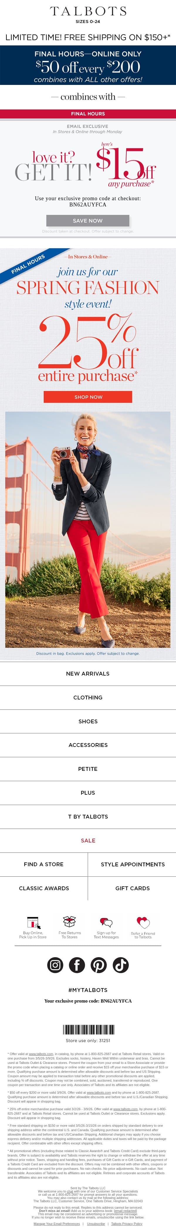 LAST CHANCE! $50 + $15 off + 25% off ENTIRE Purchase* email from Talbots screenshot