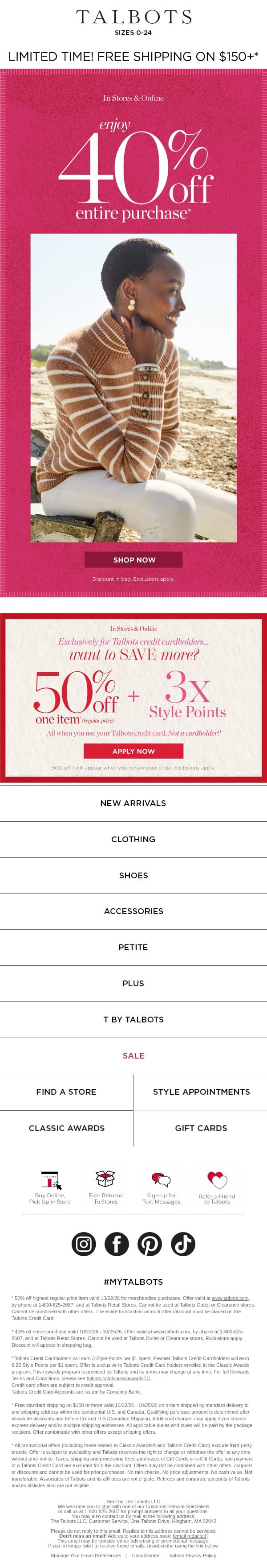 40% off your ENTIRE purchase + FREE SHIP* email from Talbots screenshot
