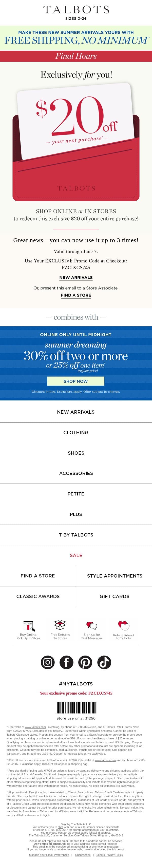 Say GOODBYE! $20 off | FREE shipping | 30% off 2+ items email from Talbots screenshot