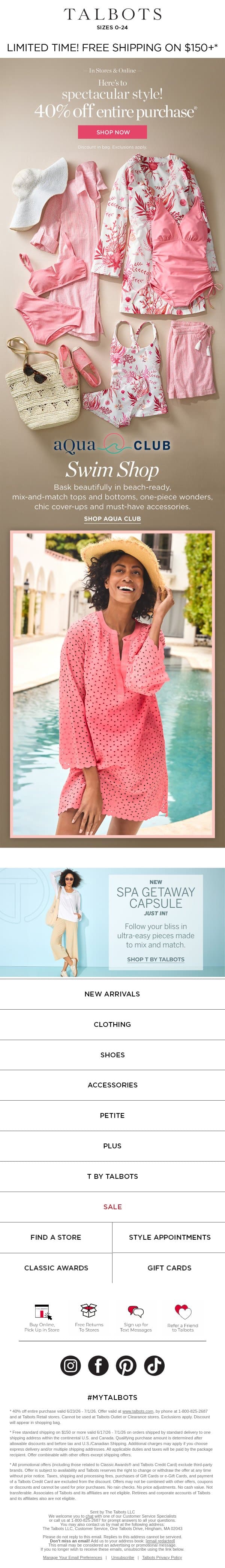 Swim Must-Haves + 40% off EVERYTHING* email from Talbots screenshot