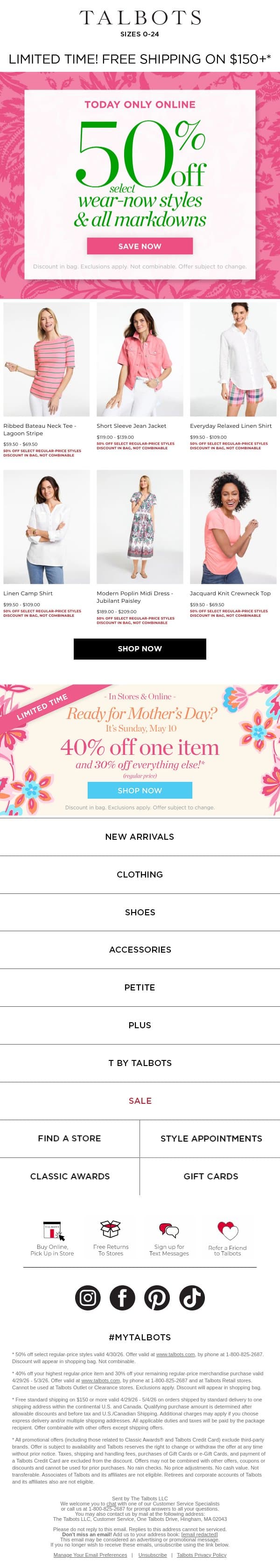 50% off select styles + ALL markdowns is BACK for ONE MORE DAY email from Talbots screenshot