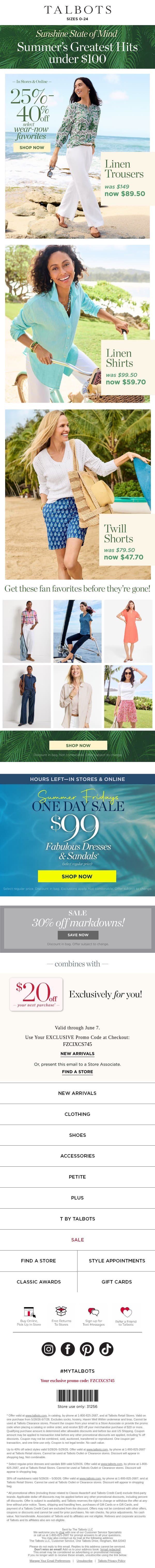 Your $20 off CODE + Finds UNDER $100 email from Talbots screenshot