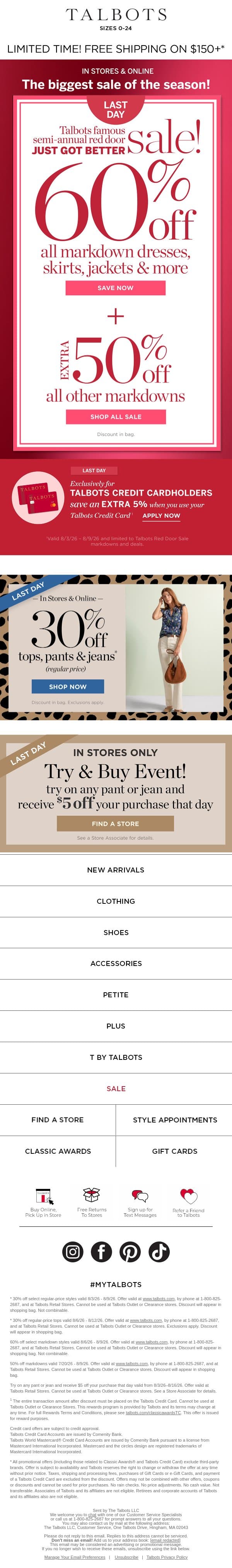 LAST DAY! 60% off markdown Dresses, Skirts, Jackets & MORE email from Talbots screenshot