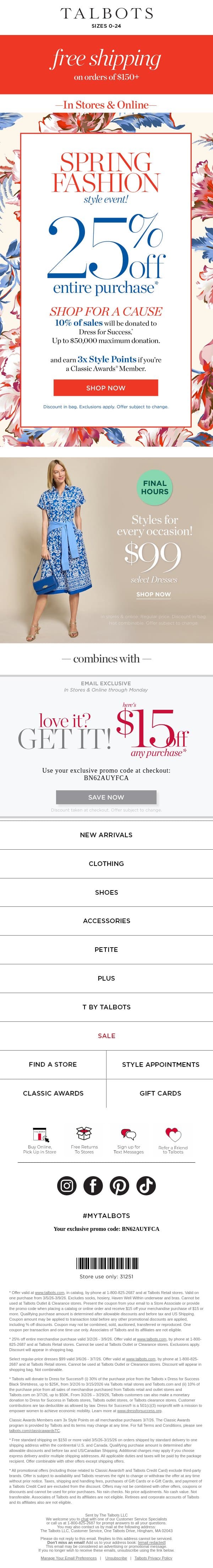 FINAL HOURS! 3x Style Points + $99 Dresses* email from Talbots screenshot