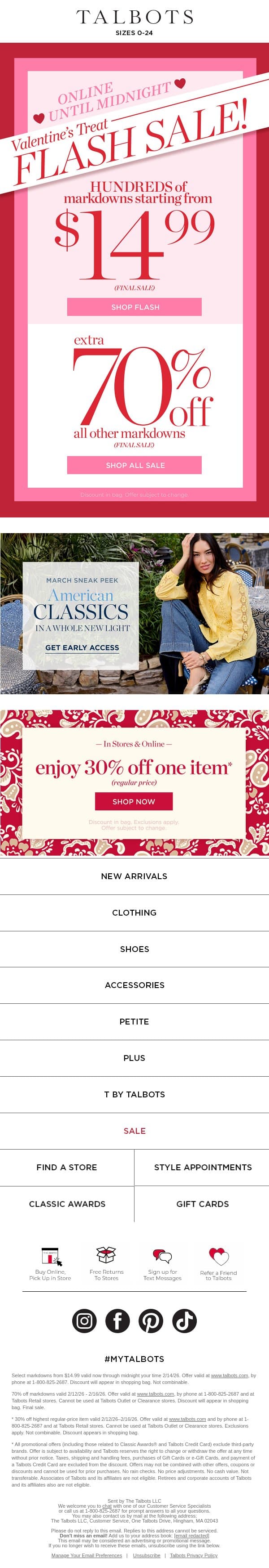 ❤️ $14.99 & up most-loved styles EXTENDED TO MIDNIGHT ❤️ email from Talbots screenshot