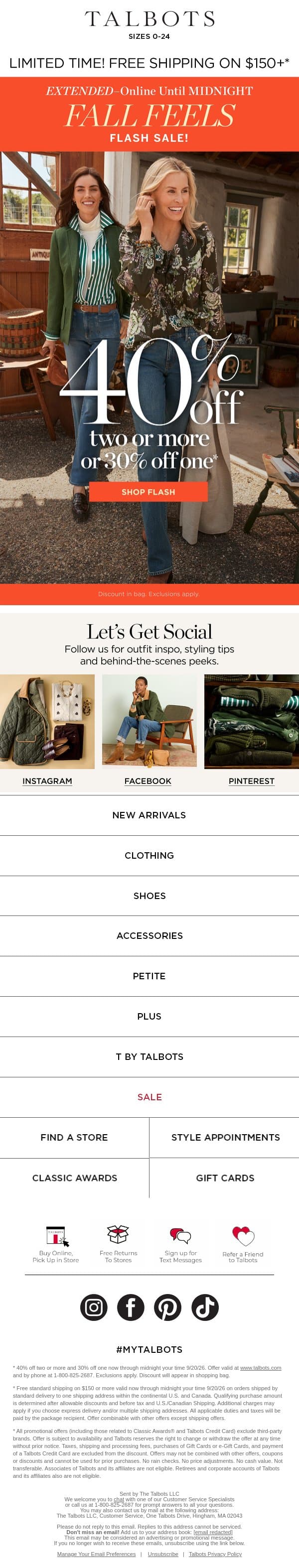 40% off 2+ styles or 30% off 1⚡EXTENDED TO MIDNIGHT⚡* email from Talbots screenshot