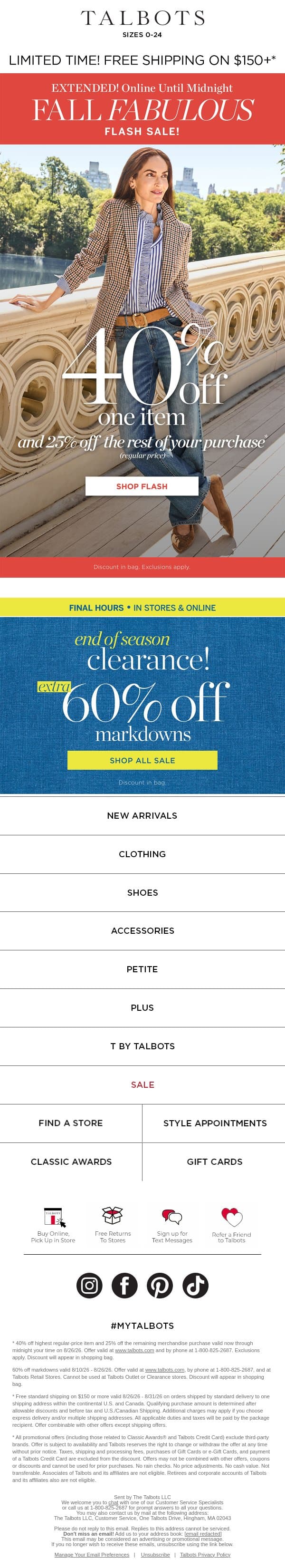 🍂 40% off 1 item EXTENDED to MIDNIGHT 🍂* email from Talbots screenshot