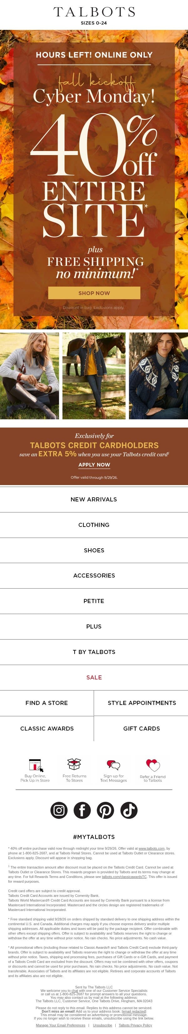HOURS LEFT for 40% off ENTIRE SITE + FREE shipping* email from Talbots screenshot