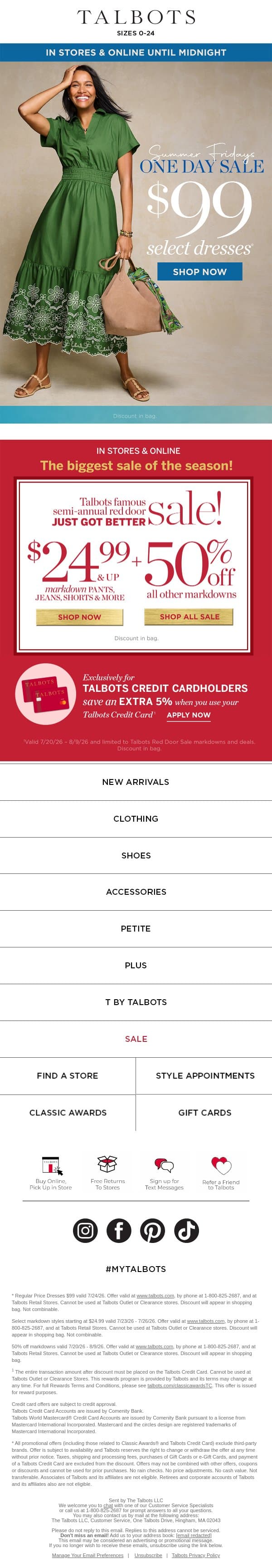 ONE DAY SALE! $99 select DRESSES email from Talbots screenshot