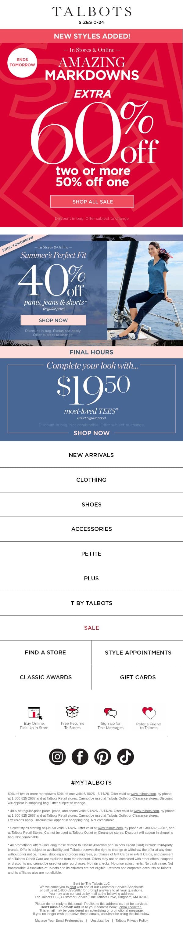 Are your favorites an EXTRA 60% off with 2+? email from Talbots screenshot