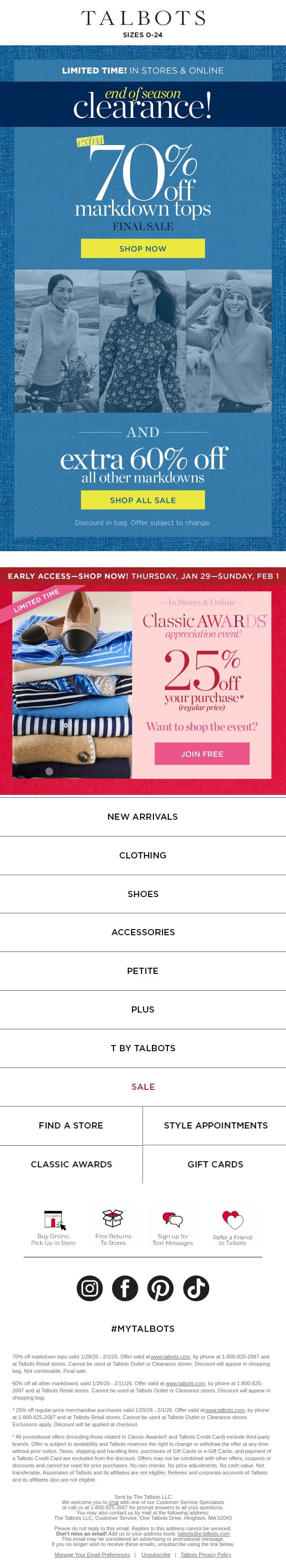 EXTRA 70% off Clearance TOPS! email from Talbots screenshot