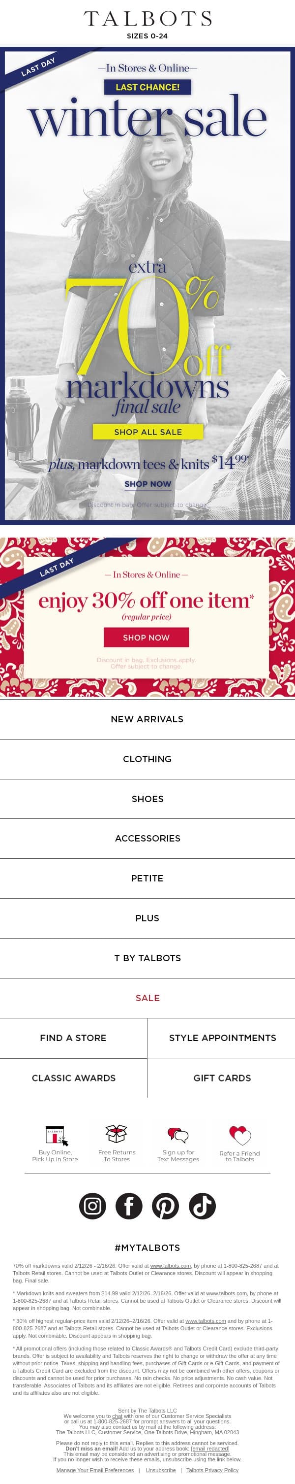 LAST DAY for BEST SAVINGS! Extra 70% off CLEARANCE email from Talbots screenshot