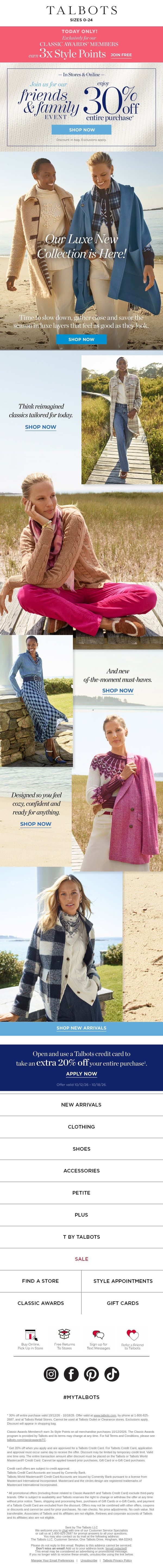 Our Luxe NEW Collection is here + 30% off FRIENDS & FAMILY event!* email from Talbots screenshot