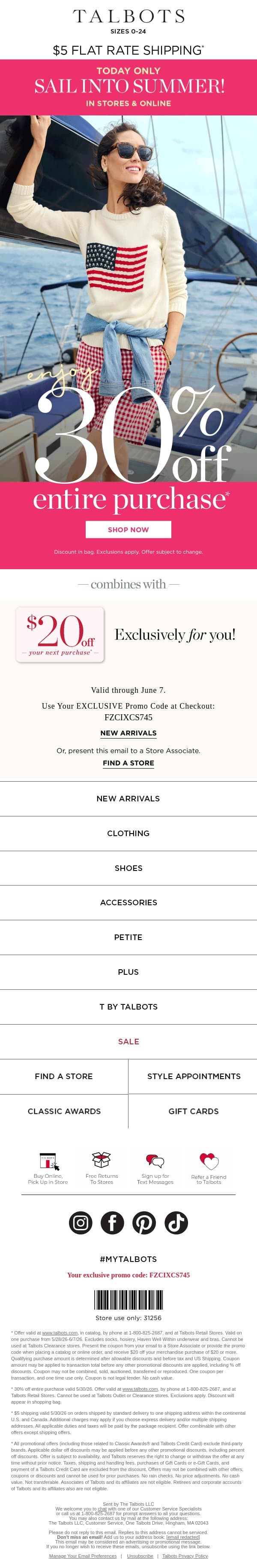 ONE DAY! 30% off everything + $5 shipping* email from Talbots screenshot