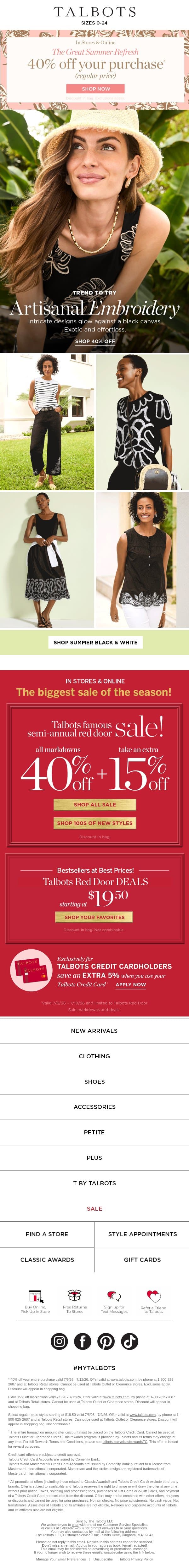 📣 40% off everything STARTS NOW!* email from Talbots screenshot