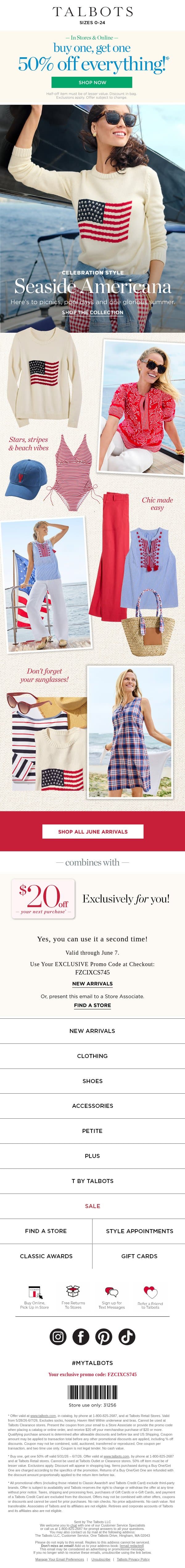 Stars + Stripes + BOGO 50% off EVERYTHING* email from Talbots screenshot