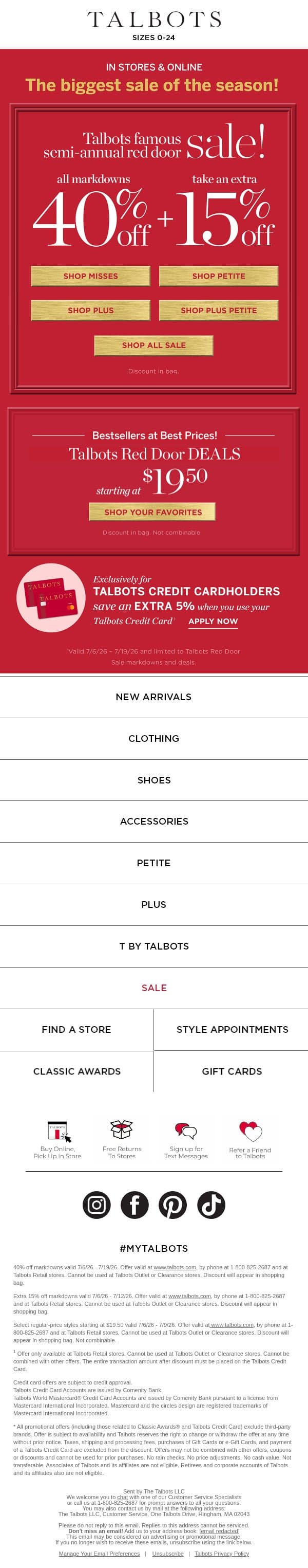 SALE on SALE + Extra 5% off for Talbots Credit Cardholders email from Talbots screenshot