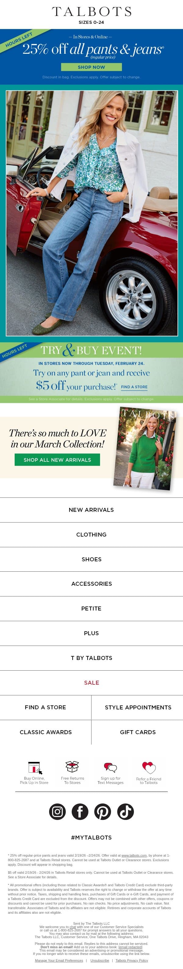 FINAL HOURS for 25% off PANTS & JEANS email from Talbots screenshot