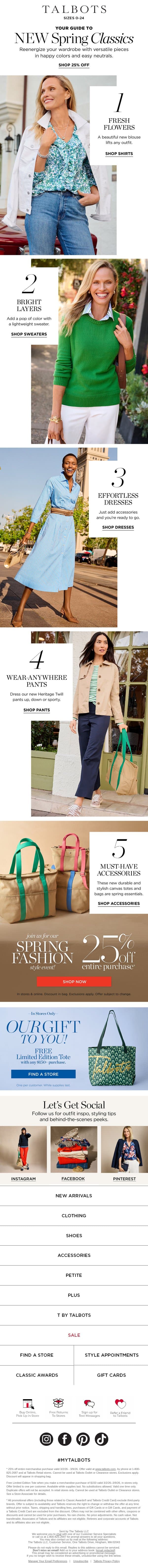Fresh Spring Classics + 25% off Entire Purchase* email from Talbots screenshot