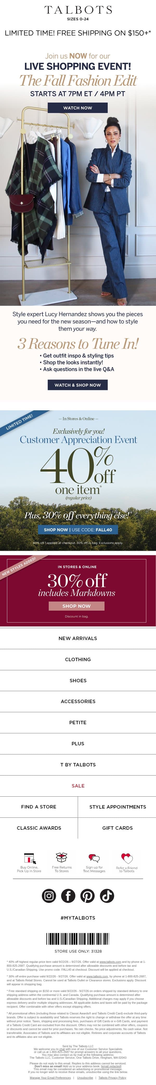 WATCH NOW LIVE! Our Fall Fashion Shopping Event is ON email from Talbots screenshot