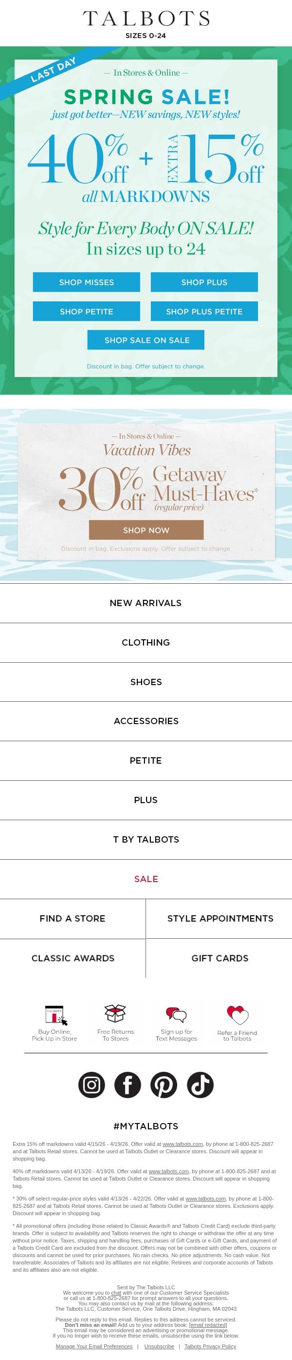LAST DAY! Extra 40% + 15% off MARKDOWNS email from Talbots screenshot
