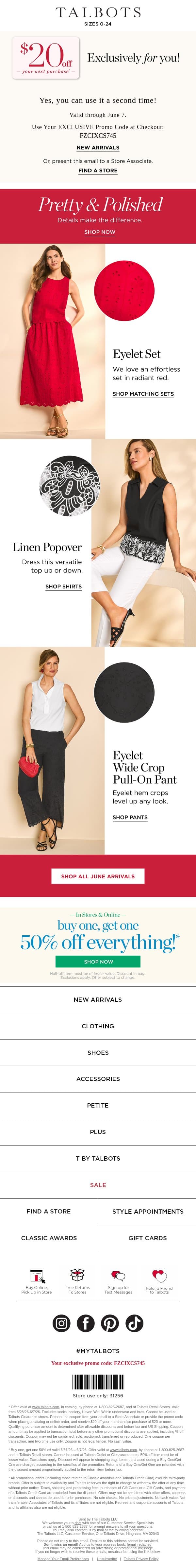 Dressed Up Details + $20 off + BOGO 50% off email from Talbots screenshot