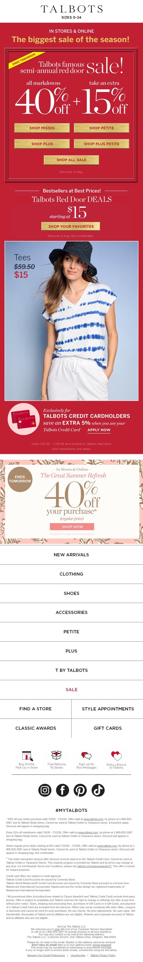 40% + 15% off all markdowns IS ALMOST OVER! email from Talbots screenshot