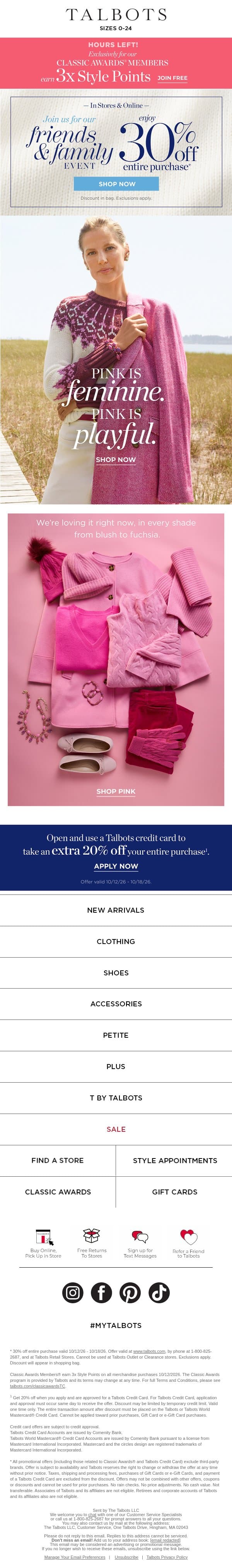 Pink is feminine. Pink is playful. Think pink for cool weather. email from Talbots screenshot