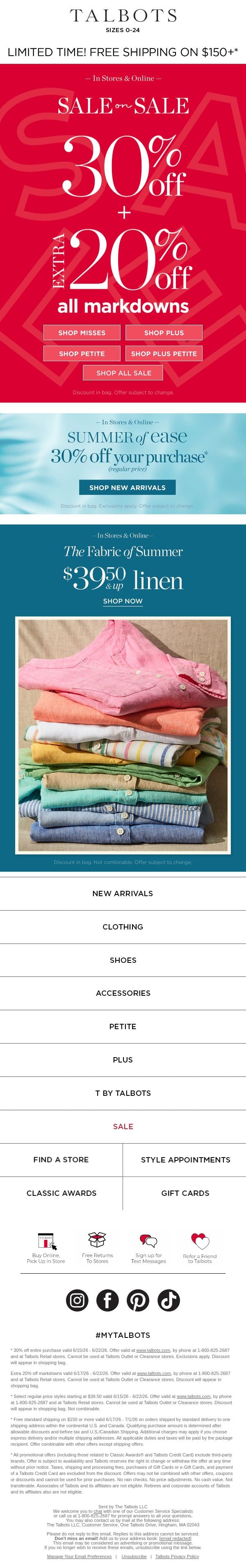 SALE ON SALE? $39.50 Linen? 30% off everything else? YES!* email from Talbots screenshot