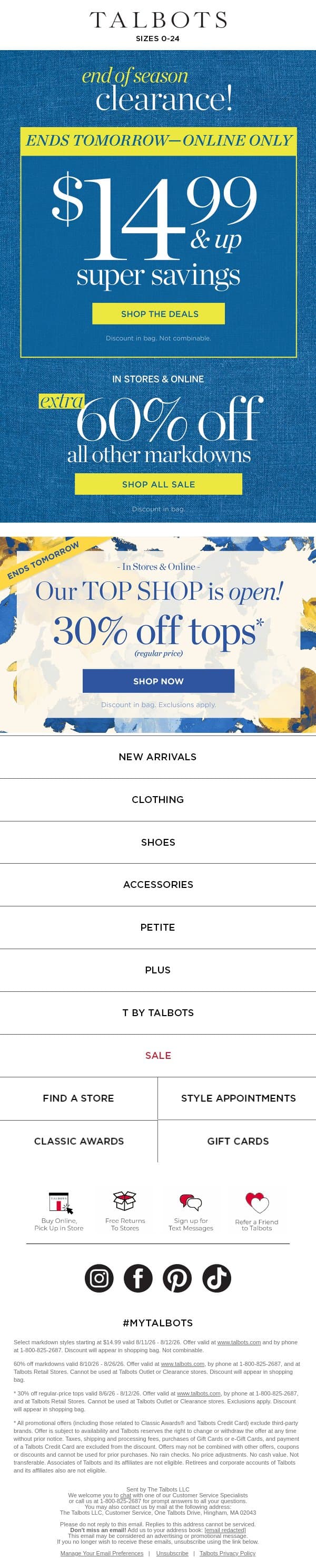 ⏰ The clock is ticking—shop $14.99 Super Savings now! email from Talbots screenshot