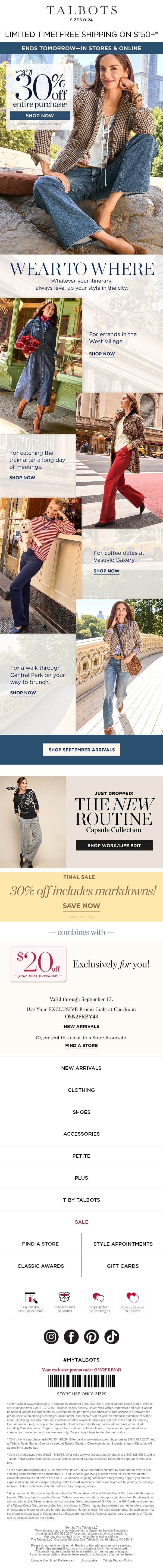 30% off entire purchase + a FREE shipping offer* email from Talbots screenshot