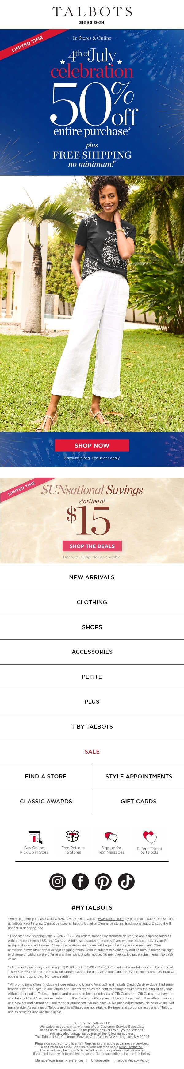 50% off! FREE shipping! $15 & up essentials! email from Talbots screenshot