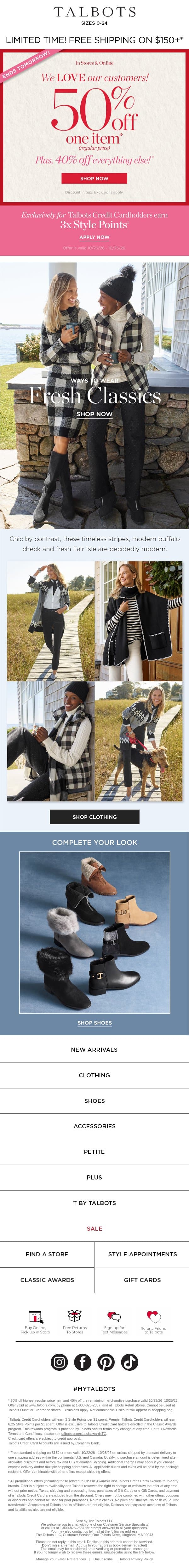 ENDS TOMORROW! 50% off 1 + 40% off everything else* email from Talbots screenshot