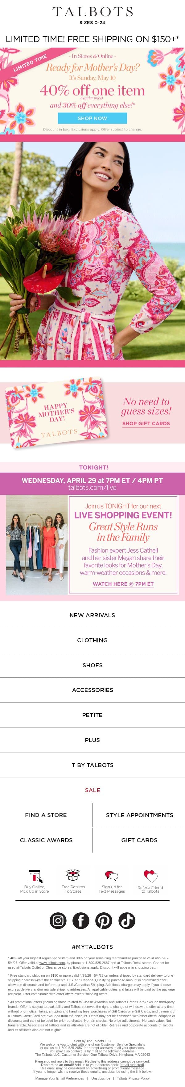 💐 40% off your highest-priced item STARTS NOW!* email from Talbots screenshot