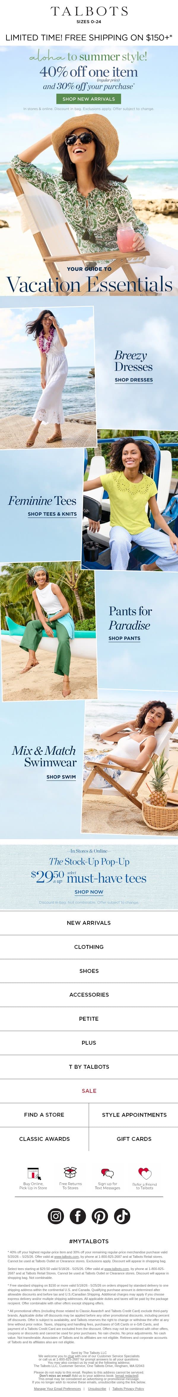 40% off 1 IS ON! + $29.50 tees + WHAT TO PACK email from Talbots screenshot