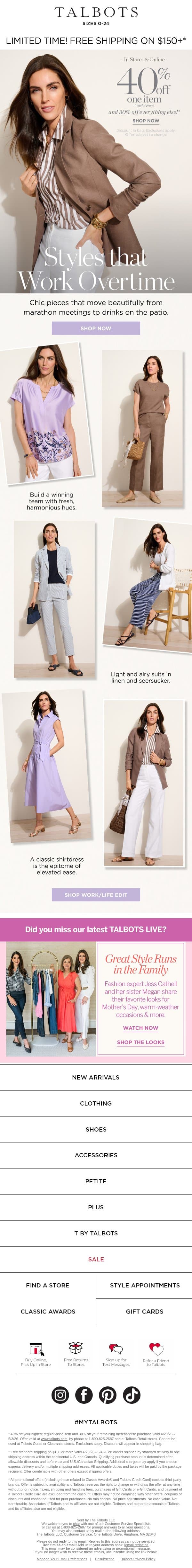 40% off 1 + 30% off the rest for YOU* email from Talbots screenshot