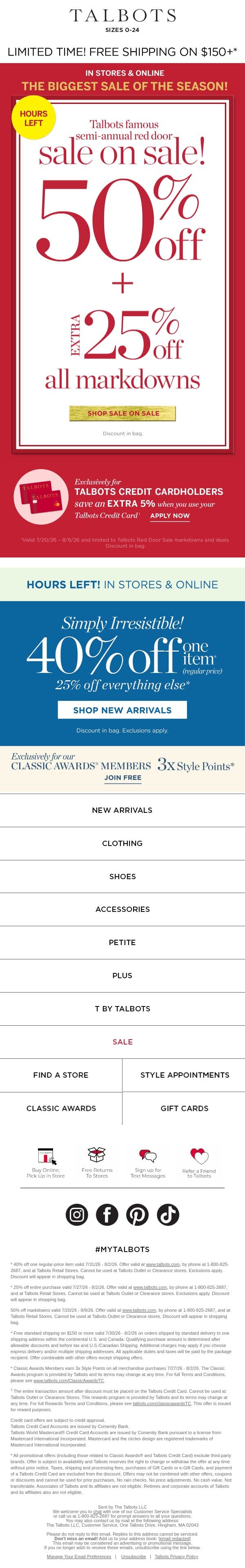 HOURS LEFT! Extra 50% + 25% off all markdowns email from Talbots screenshot