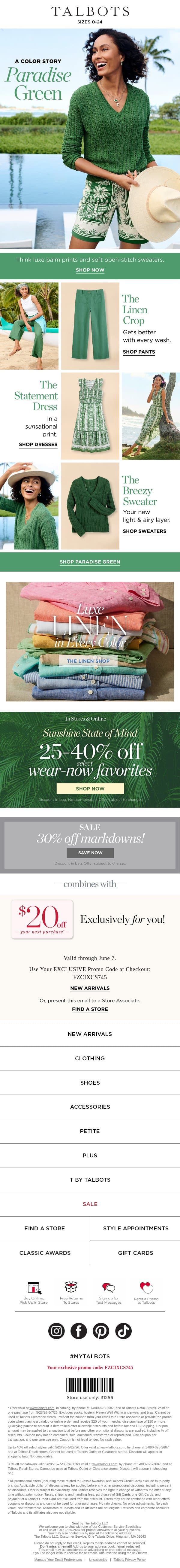 Paradise Green + 25-40% off wear-now favorites email from Talbots screenshot