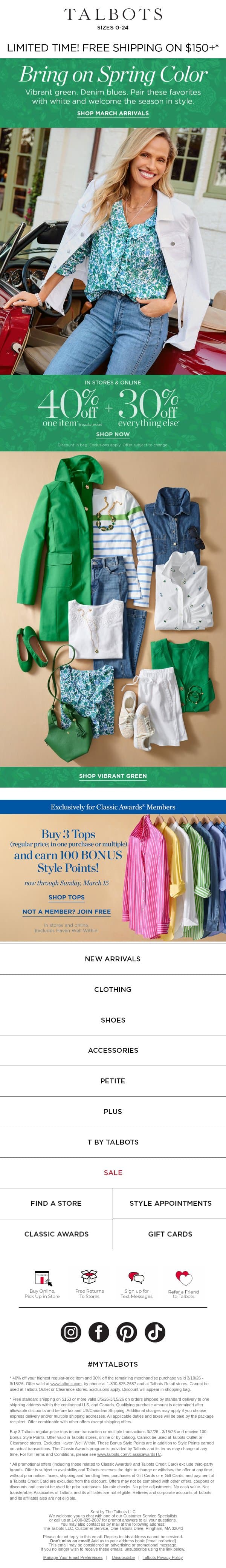 NEW & NOW! 40% off 1 + 30% off everything else* email from Talbots screenshot