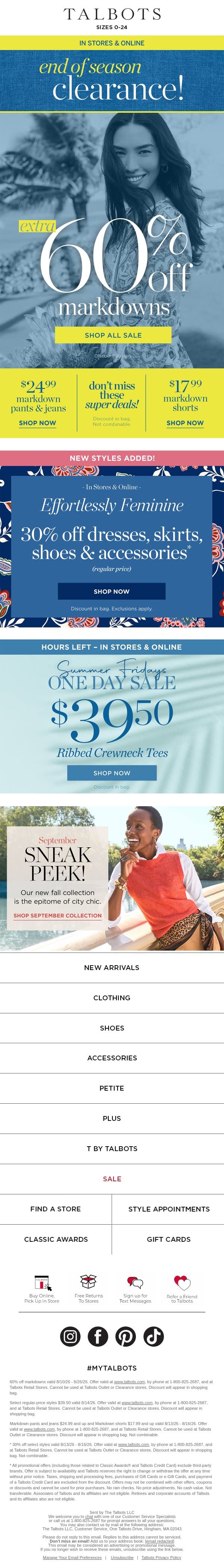 EXTRA 60% off CLEARANCE + $24.99 & $17.99 SUPER DEALS! email from Talbots screenshot