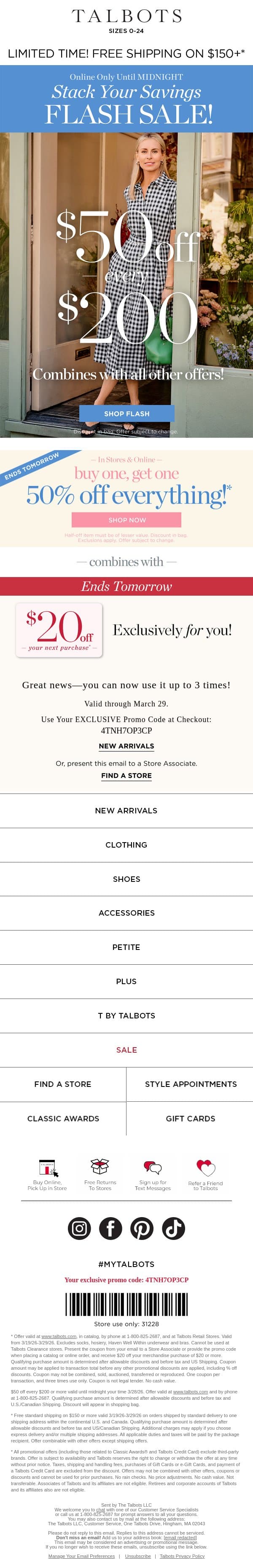 ⚡ FLASH SALE ⚡ $50 off + BOGO 50% Off email from Talbots screenshot