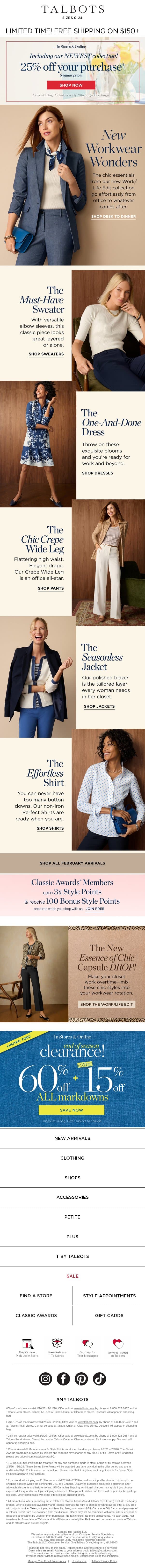 Chic Workwear Essentials + 25% off regular price* email from Talbots screenshot