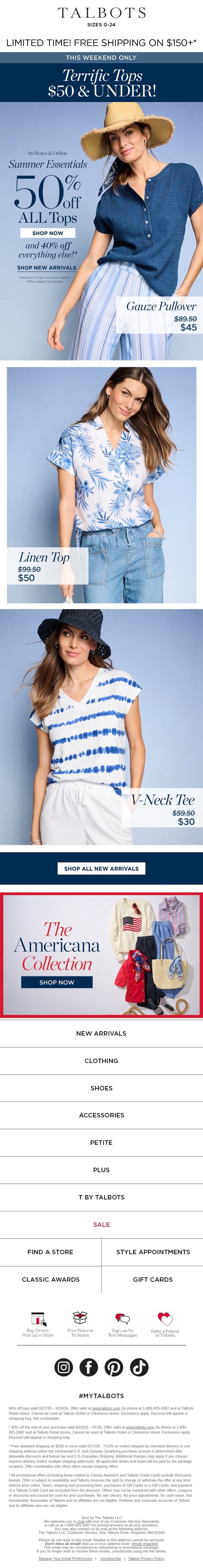 Summer TOPS $50 & UNDER! email from Talbots screenshot