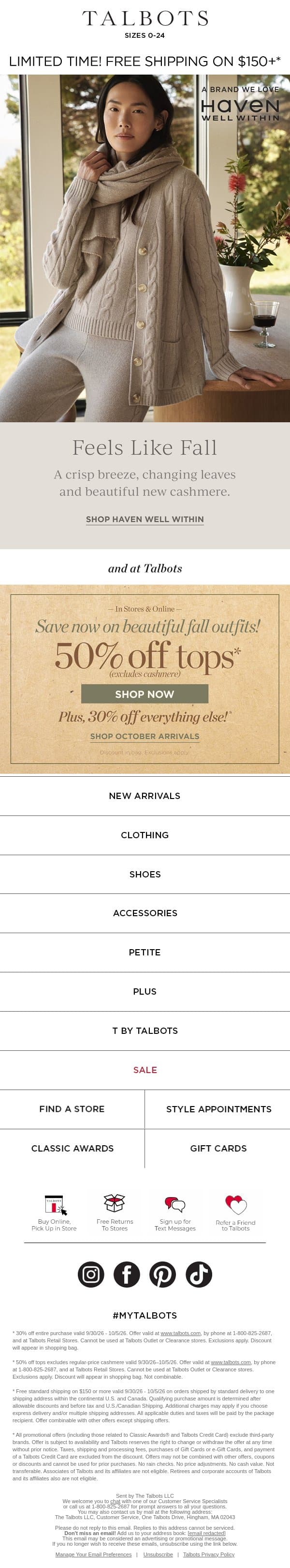 Feels Like Fall! 50% off TOPS* email from Talbots screenshot