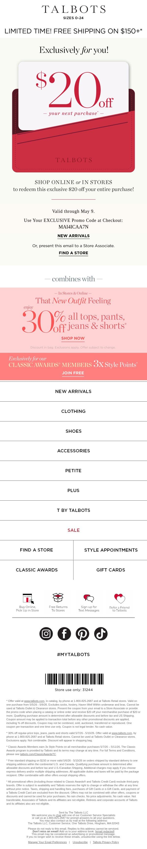 $20 off ANYTHING? Yes, please!* email from Talbots screenshot