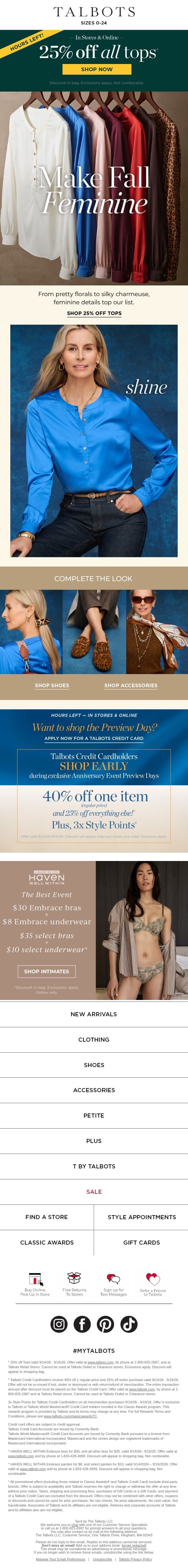 HURRY in for 25% off sweaters, blouses, tees…ALL TOPS! email from Talbots screenshot