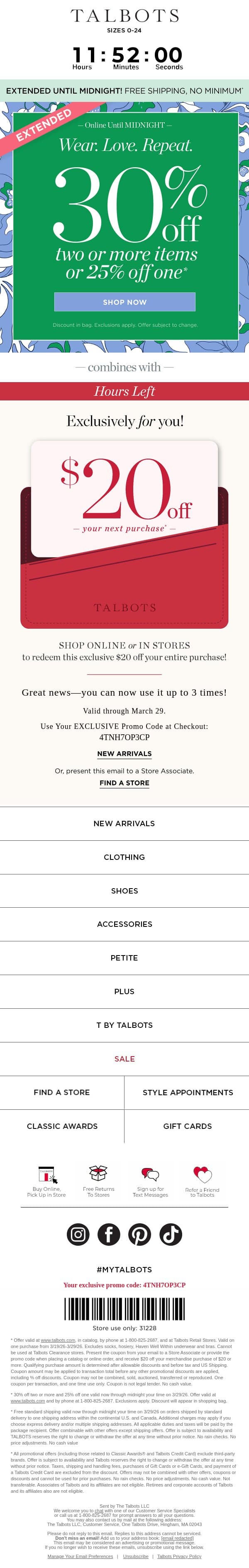 🩷 EXTENDED! 30% off 2+ and FREE SHIP 🩷 + $20 off email from Talbots screenshot
