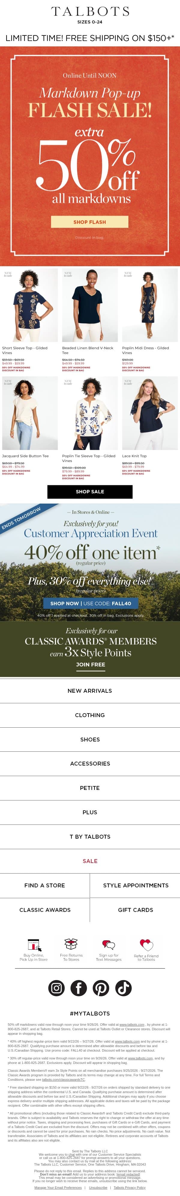 🧡 FLASH SALE 🧡 EXTRA 50% off ALL markdowns email from Talbots screenshot