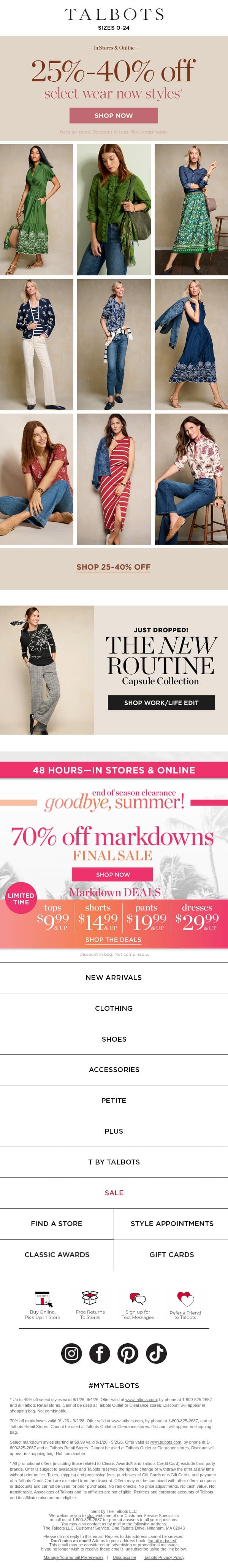 ❤️🤎 25-40% off select wear-now styles STARTS NOW! email from Talbots screenshot